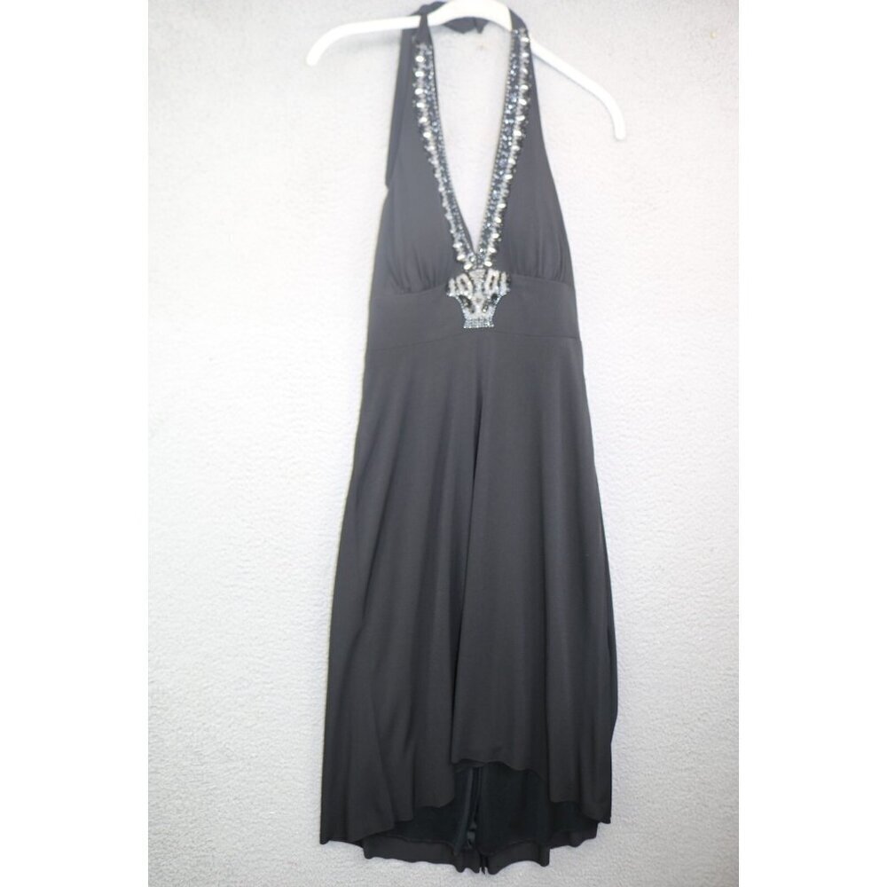 Cache' Black Halter Beaded Hi-Lo Midi Dress-Size 4-Whimsigoth-Event